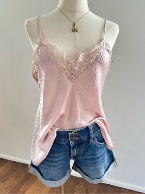 NWT All In Favor Blush Pink Lace Trim Satin Cami Soft Girl Boho Tank XL
